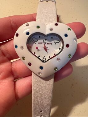 Betsey Johnson White Heart Watch with Multicolor Crystal Accents